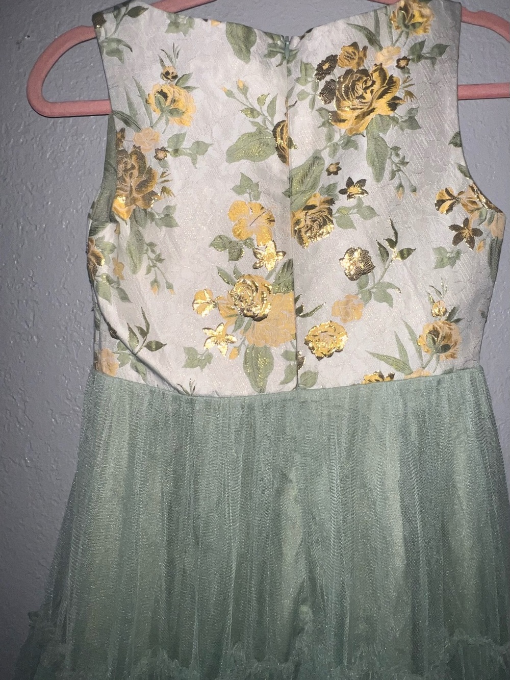 Sage Green Tiered Tulle Floral Jaquard Midi Dress Size M - Picture 5 of 8